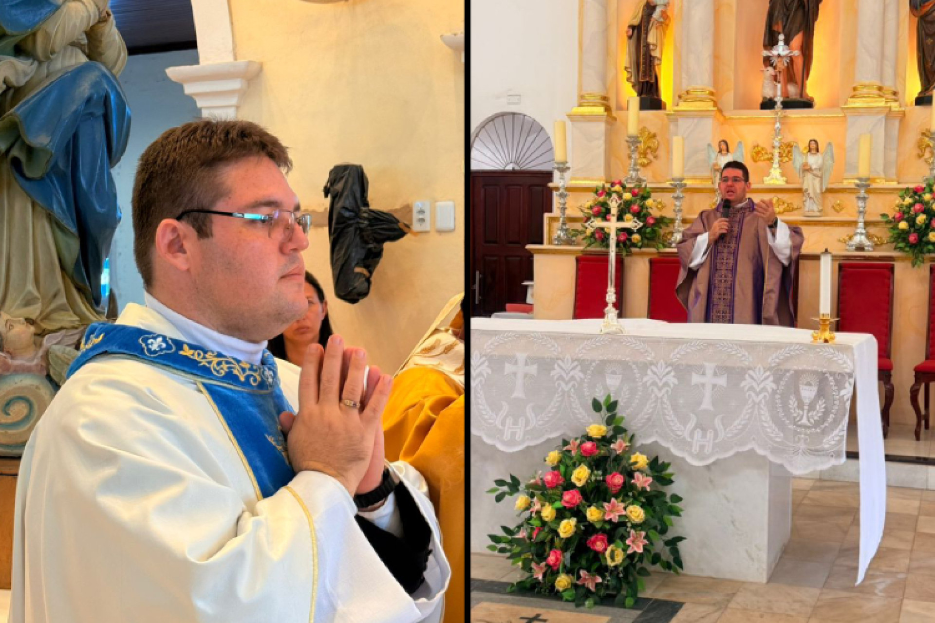 Registros do padre José Ranis Dias durante missas na paróquia de São João Batista, no Centro de Uruburetama (Foto: Arquivo pessoal)