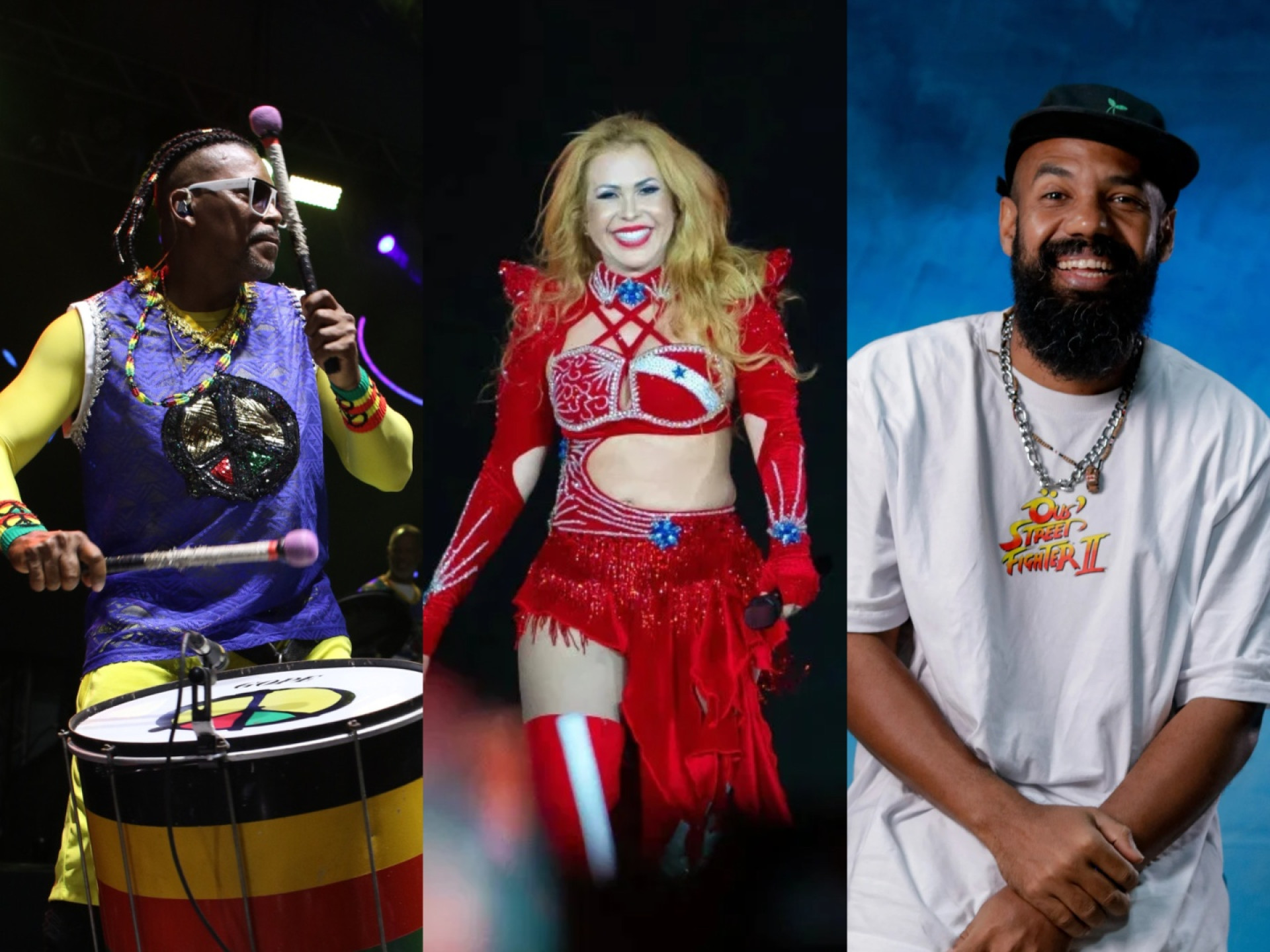 Olodum, Joelma e BaianaSystem são algumas das atrações do Ciclo Carnavalesco 2026 de Fortaleza (Foto: Fernanda Barros/O POVO; Anderson Torres/Divulgação e Samuel Setubal/O POVO)