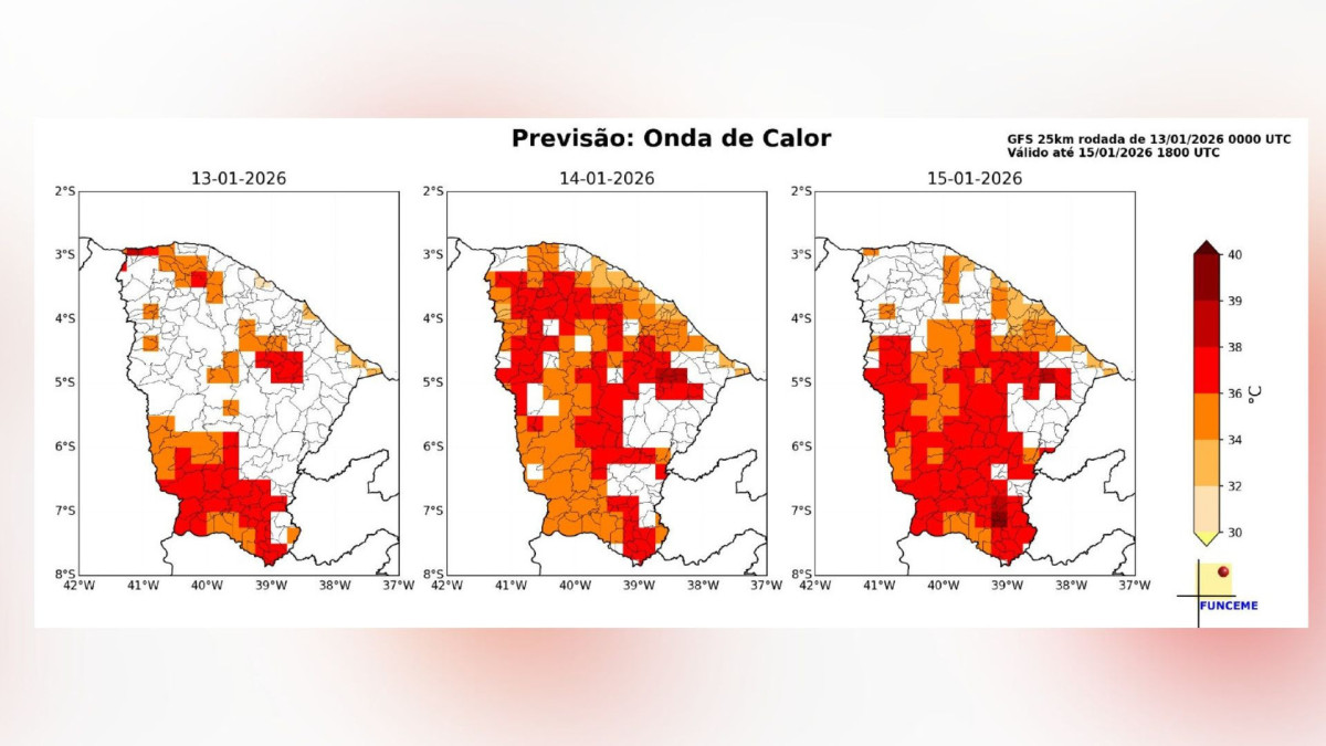 Previs&atilde;o de temperaturas m&aacute;ximas acima da normalidade no Cear&aacute; repete cen&aacute;rio desde 1&ordm; de janeiro de 2026, com onda de calor, pelo menos, at&eacute; esta quinta-feira, 15
