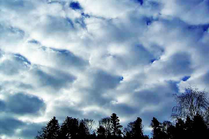 Estratocúmulos - Formam-se em níveis baixos como massas arredondadas dispostas em camadas contínuas. Sua aparência é mais irregular do que a dos estratos e frequentemente se alternam entre zonas de sombra e claridade. Geralmente não causam chuva forte.