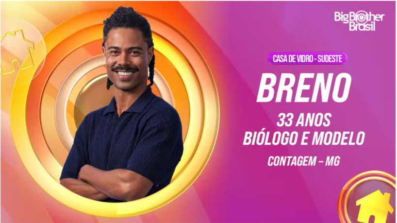 Mineiro e biólogo, Breno esteve na Casa de Vidro do Sudeste e entrou no grupo Pipoca do BBB 26. 