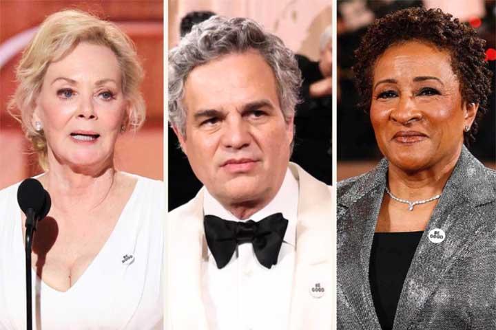 Nomes como Jean Smart, Mark Ruffalo e Wanda Sykes optaram por usar broches personalizados presos à altura do peito, mantendo-os em evidência ao longo de toda a noite. 
