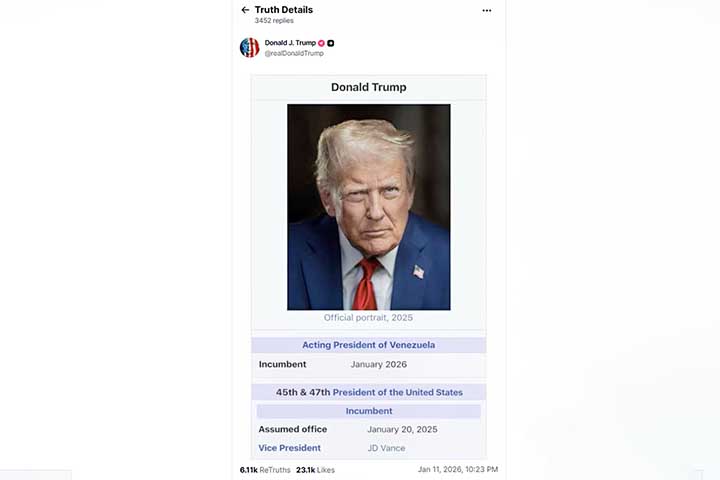 Apesar da visibilidade internacional de María Corina Machado, Trump rejeitou a possibilidade de que ela assuma a presidência da Venezuela, alegando falta de legitimidade. O americano chegou a publicar em sua rede social uma imagem em que sua página na Wikipédia aparece alterada, atribuindo a ele o cargo de presidente interino da Venezuela. A edição, no entanto, não passava de uma montagem.