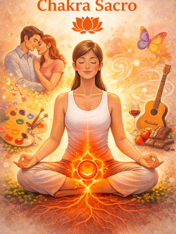 Chakra Sacro: Logo acima do chakra básico e um pouco abaixo do umbigo. Relaciona-se com a capacidade criativa em todos os sentidos e com os prazeres da vida.