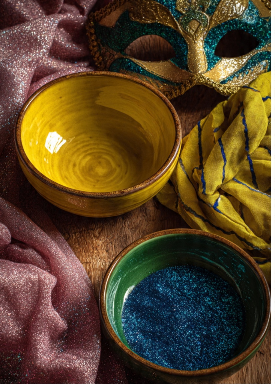 Embora a versão moderna seja produto industrial, elementos semelhantes ao glitter existem desde tempos pré-históricos: povos antigos usavam mica, minerais e pós brilhantes para enfeitar artefatos e pinturas corporais