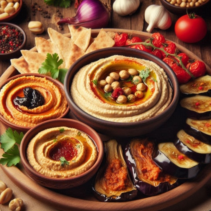 Na Turquia, os mezze são petiscos variados, como hummus, baba ghanoush, e vinagrete de berinjela, frequentemente compartilhados em refeições.