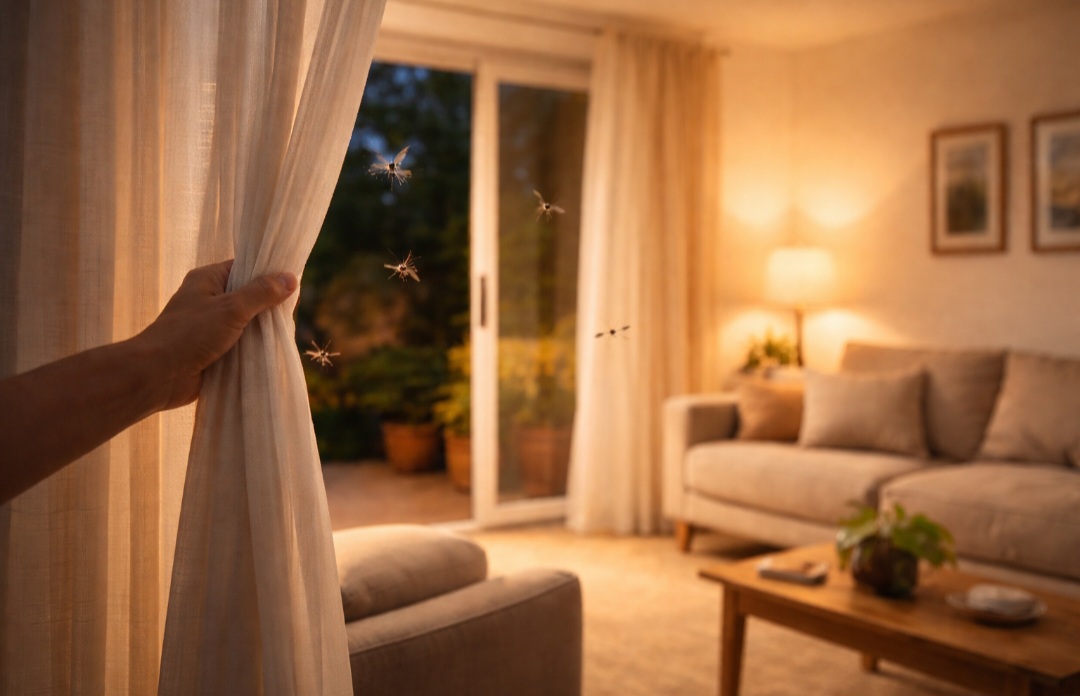 <p>Durante a noite, a luz pode atrair mosquitos para dentro de casa. Cortinas leves ou o hábito de fechar janelas iluminadas ajudam a minimizar o problema.</p>
