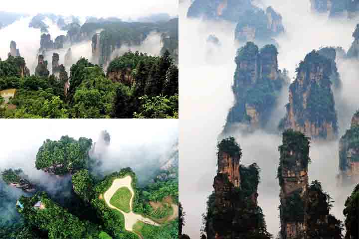 <p>Duas pontes de pedra parecem flutuar entre pilares envoltos por névoa durante boa parte do tempo. Segundo os geólogos, há 300 milhões de anos esta região era um oceano.</p>
