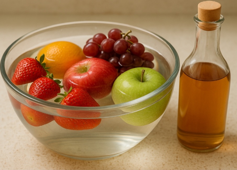 <p>Para desinfetar frutas e legumes, basta deixá-los de molho em água com vinagre. Isso reduz resíduos e elimina parte de microrganismos.</p>
