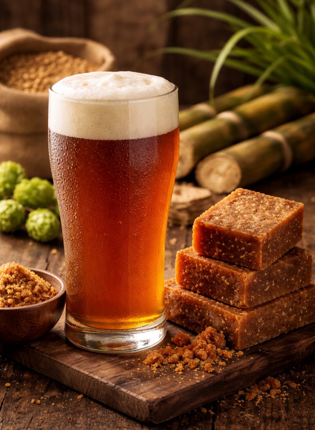 <p>Ela leva água, malte, lúpulo, levedura e rapadura, usada como fonte de açúcar fermentável e responsável por notas de caramelo e melaço.</p>
