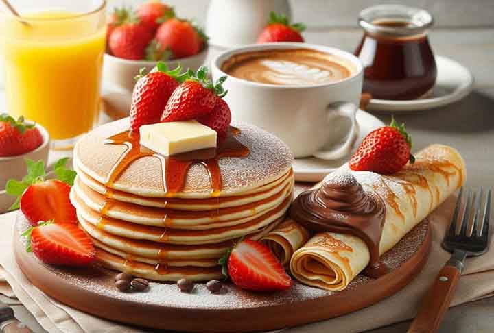 <p>Panquecas e crepes são opções versáteis para café da manhã, almoço ou jantar, dependendo do recheio e acompanhamento. Tanto doces quanto salgados, se adaptam a diferentes momentos do dia.</p>
 