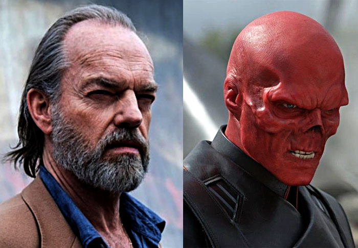 <p>Hugo Weaving/ Caveira Vermelha – Conhecido como o Agente Smith na franquia de sucesso “Matrix” (1999-2021), o ator anglo-australiano, nascido na Nigéria em 4/4/1960, é o Johann Schmidt/ Caveira Vermelha, em “Capitão América: O primeiro Vingador” (2011).</p>
