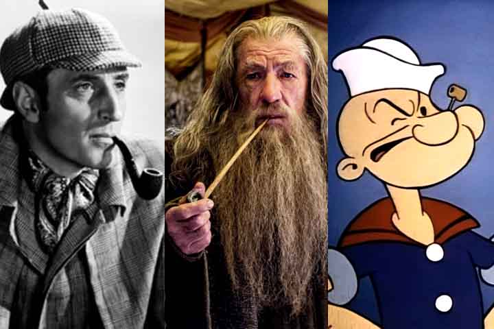 <p>Vários personagens famosos da ficção são associados ao cachimbo, como Sherlock Holmes, Gandalf de O Senhor dos Anéis e Popeye. O uso do cachimbo por esses personagens reforça traços de sabedoria, mistério ou força em suas personalidades.</p>

