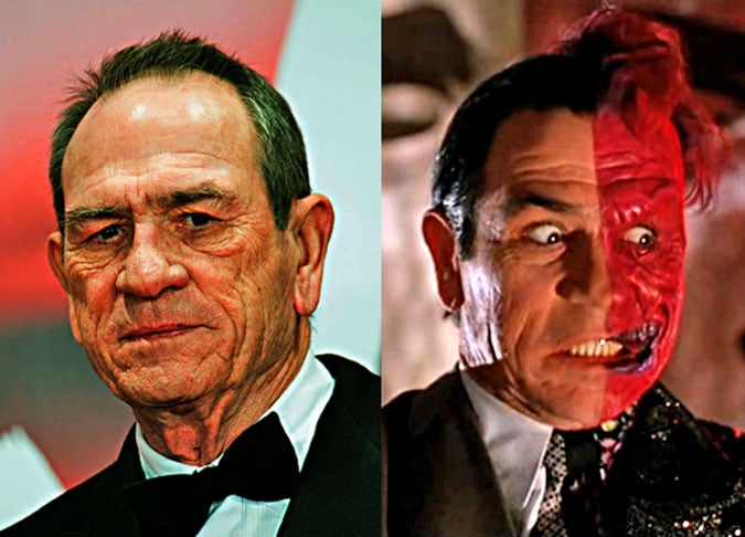 <p>Tommy Lee Jones/ Duas Caras- O veterano, nascido em 15/9/1946 no Texas (EUA), vencedor do Oscar de ator coadjuvante por “O Fugitivo” (1993), aceitou o desafio de viver Harvey Dent/ Duas Caras em “Batman Eternamente” (1995). Nos bastidores, houve rixa entre ele e Jim Carrey.</p>
