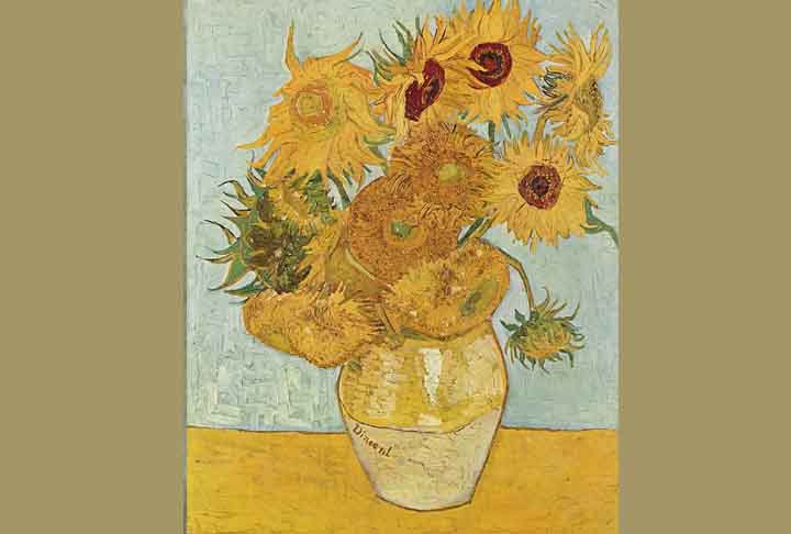 <p>A obra inclui cinco grandes telas dessa flor em um vaso, com tons de amarelo. Para Van Gogh, os girassóis transmitiam gratidão.</p>
