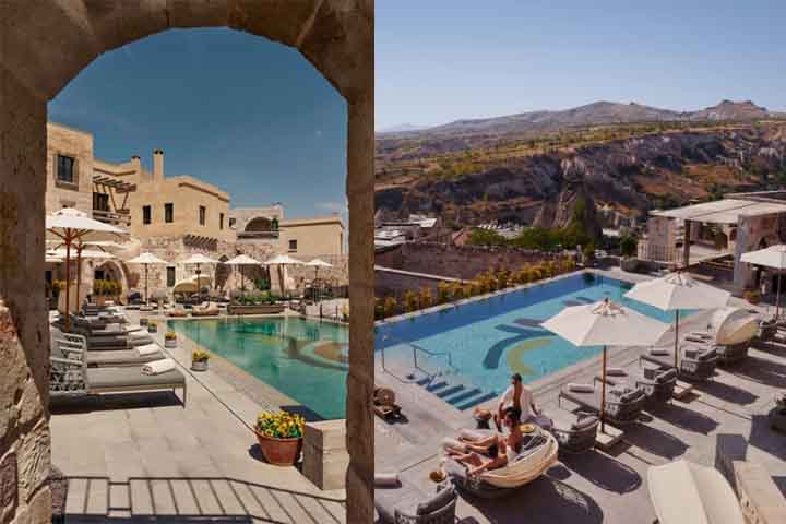 <p>15º) Argos in Cappadocia, Turquia: Este hotel foi construído em um antigo mosteiro escavado na rocha vulcânica e conta com piscinas privativas nos quartos, além de spas dentro de cavernas.</p>
