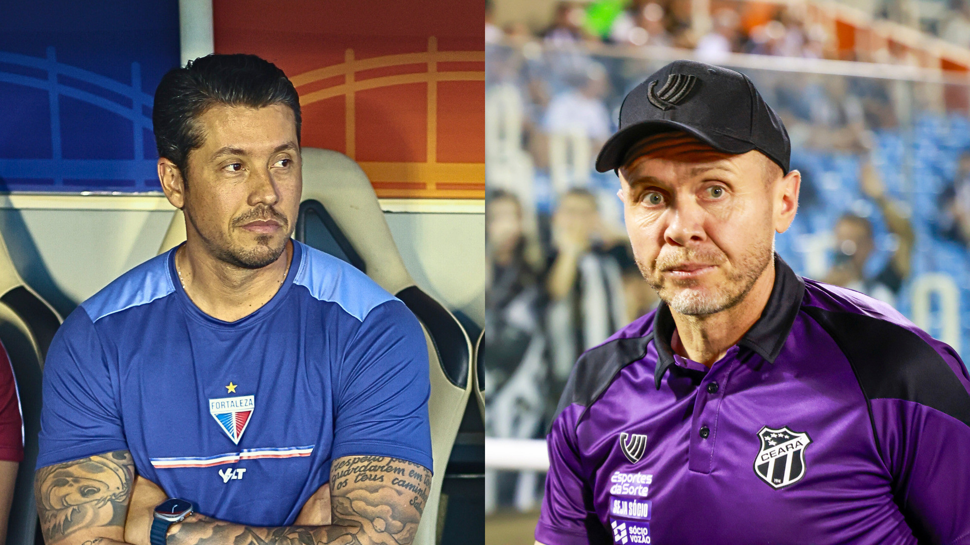 Thiago Carpini, técnico do Fortaleza, e Mozart Santos, treinador do Ceará (Foto: DANIEL GALBER/ESPECIAL PARA O POVO e FCO FONTENELE)