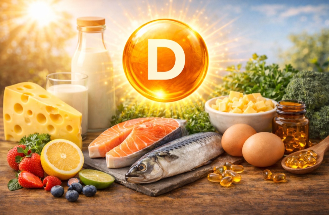 <p>A vitamina D regula cálcio e saúde óssea. A deficiência está ligada à osteoporose, e o excesso pode causar hipercalcemia; obtida pelo sol e em peixes gordurosos.</p>
