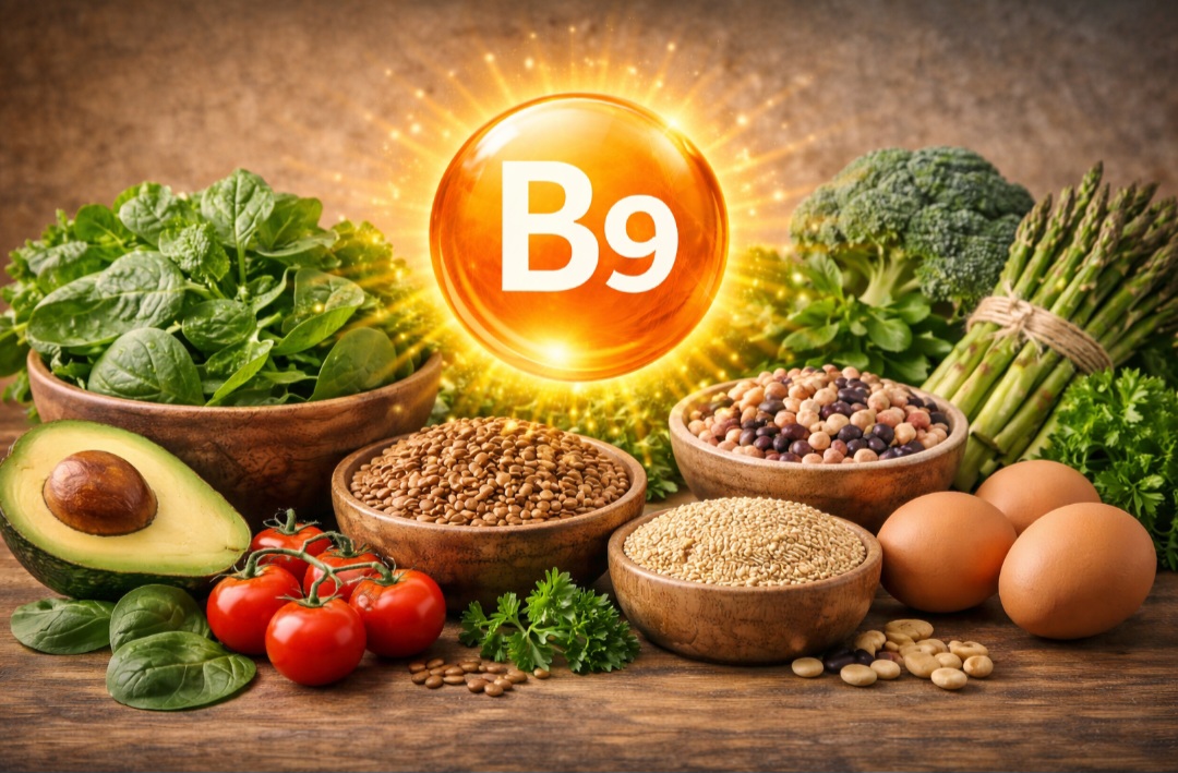 <p>A vitamina B9 (folato) é crucial para a formação do DNA e prevenção de malformações. A carência causa anemia, e o excesso pode mascarar falta de B12; está em folhas verdes</p>
