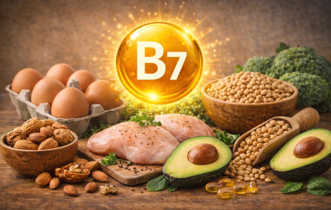 <p>A vitamina B7 (biotina) contribui para pele, cabelos e metabolismo. A deficiência é incomum, e o excesso não costuma causar problemas; encontrada em nozes, ovos e soja.</p>
