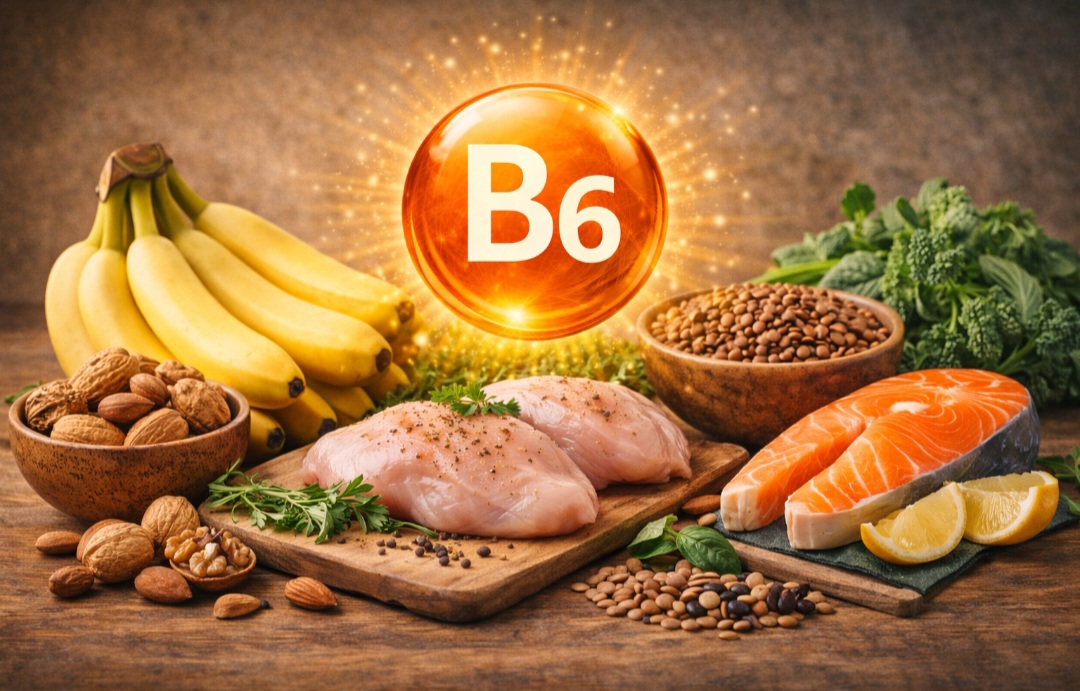 <p>A vitamina B6 (piridoxina) auxilia na formação de neurotransmissores. A falta pode causar anemia e confusão mental, enquanto o excesso prolongado pode afetar nervos; está em banana e frango.</p>

