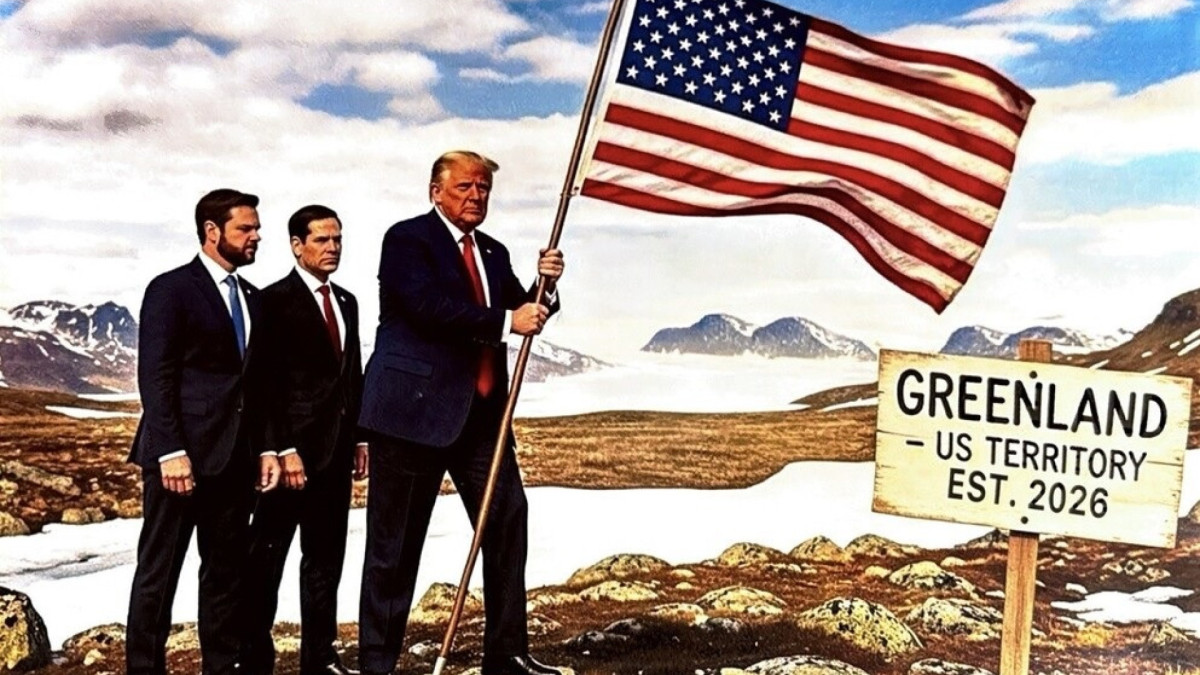 Trump ao lado do vice-presidente JD Vance e do secretário de Estado Marco Rubio, cravando a bandeira dos Estados Unidos em uma região de montanhas com a legenda 