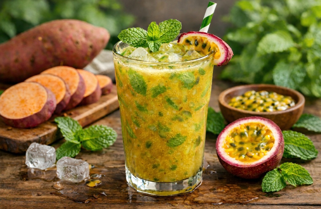 <p>Outro jeito bom de aproveitar os benefícios da batata-doce é através de sucos. Uma combinação refrescante é o suco de batata-doce com hortelã e maracujá. Basta cozinhar um pedaço de batata-doce até que fique macio, e bater no liquidificador com folhas de hortelã, polpa de maracujá e água.</p>
