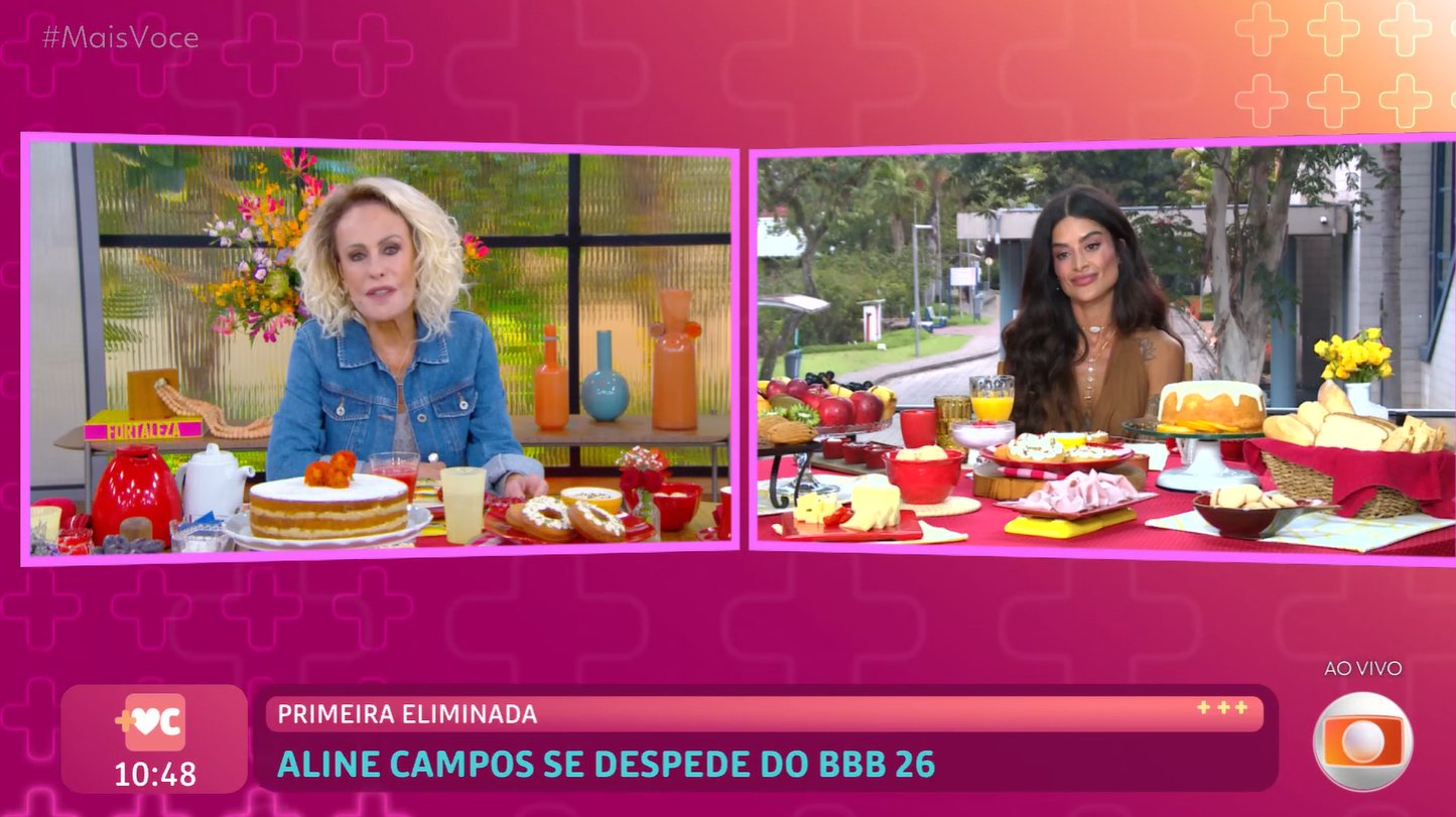 <p><span style=font-weight: 400;>Seguindo a agenda tradicional dos eliminados, Aline participou do </span><b>“Café com o Eliminado”</b><span style=font-weight: 400;>, no programa </span><b>“Mais Você”</b><span style=font-weight: 400;>, onde foi entrevistada por Ana Maria Braga. Durante a conversa, comentou sobre a rivalidade com Ana Paula e afirmou que tentou se aproximar da jornalista dentro da casa, mas disse ter percebido olhares, cortes e atitudes de distanciamento após um desentendime