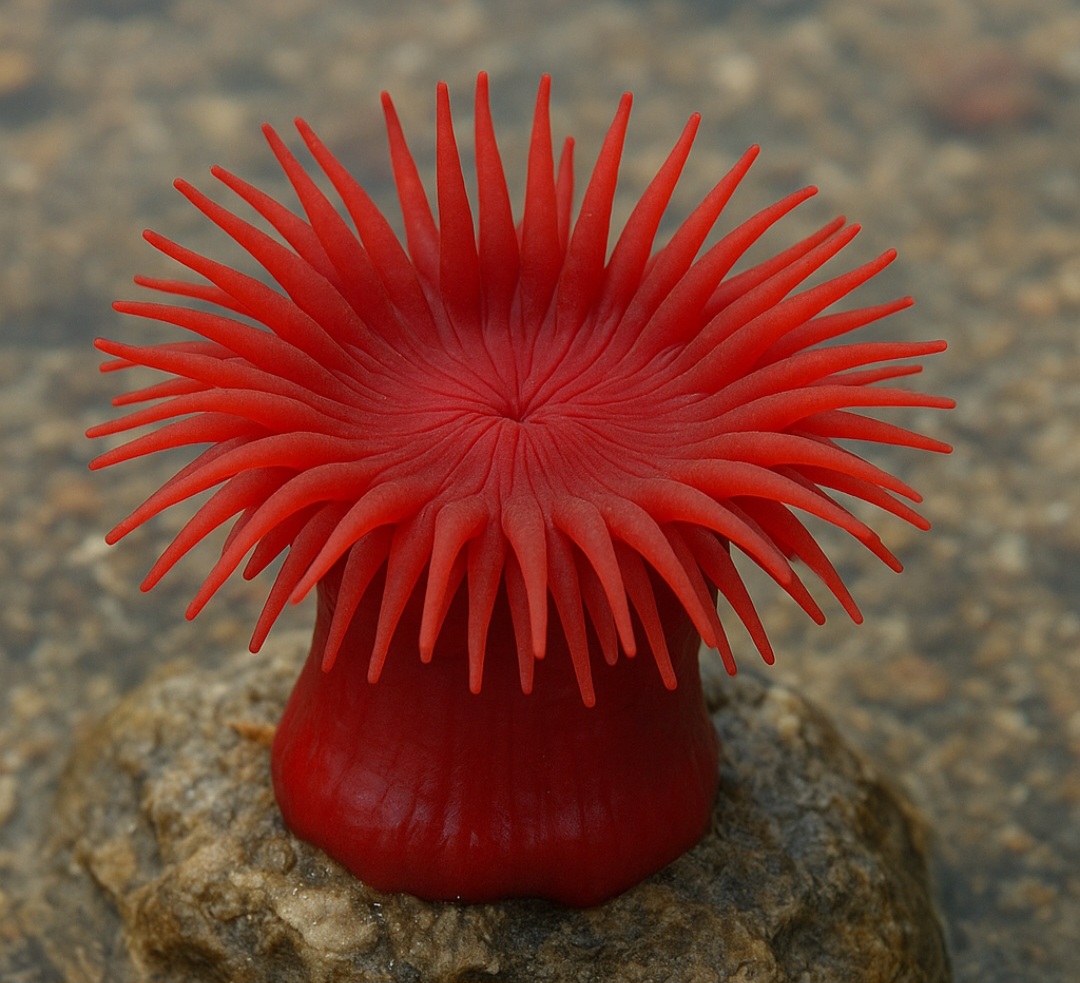 <p>Anêmona do mar vermelha – Exibe um corpo vibrante vermelho‑escuro com tentáculos que lembram um tomate quando ela se retrai. Comum em costas rochosas do Atlântico, Mediterrâneo e África Ocidental.</p>
