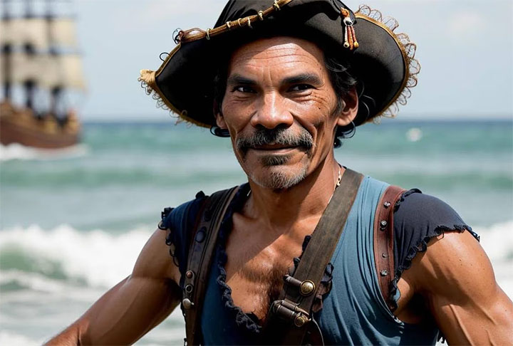 <p>Seu Madruga em “Piratas do Caribe”, sucesso de Johnny Depp que transformou o pirata Jack Sparrow em ídolo da garotada com seus trejeitos e suas ações extravagantes. Tá muito limpinho pro filme…</p>
