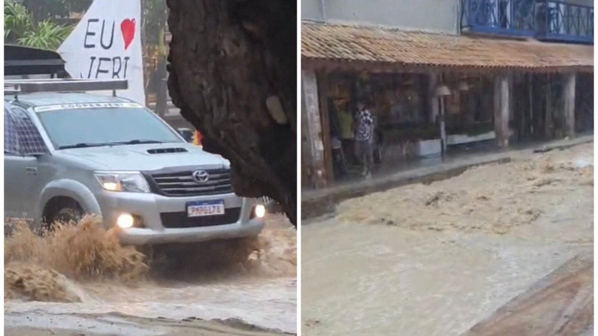 Via principal de Jijoca de Jericoacoara alagou devido às fortes chuvas registradas nesta terça-feira, 27