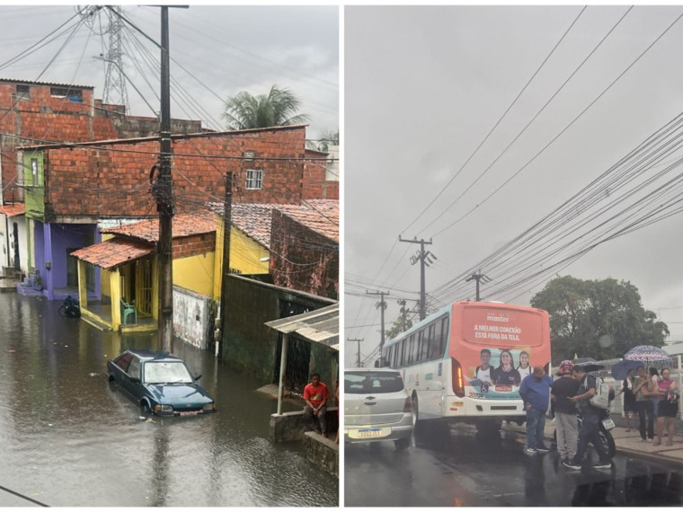 No bairro S&atilde;o Miguel, em Caucaia, um carro ficou quase submerso no alagamento. Em Fortaleza, um &ocirc;nibus precisou parar e os passageiros desceram