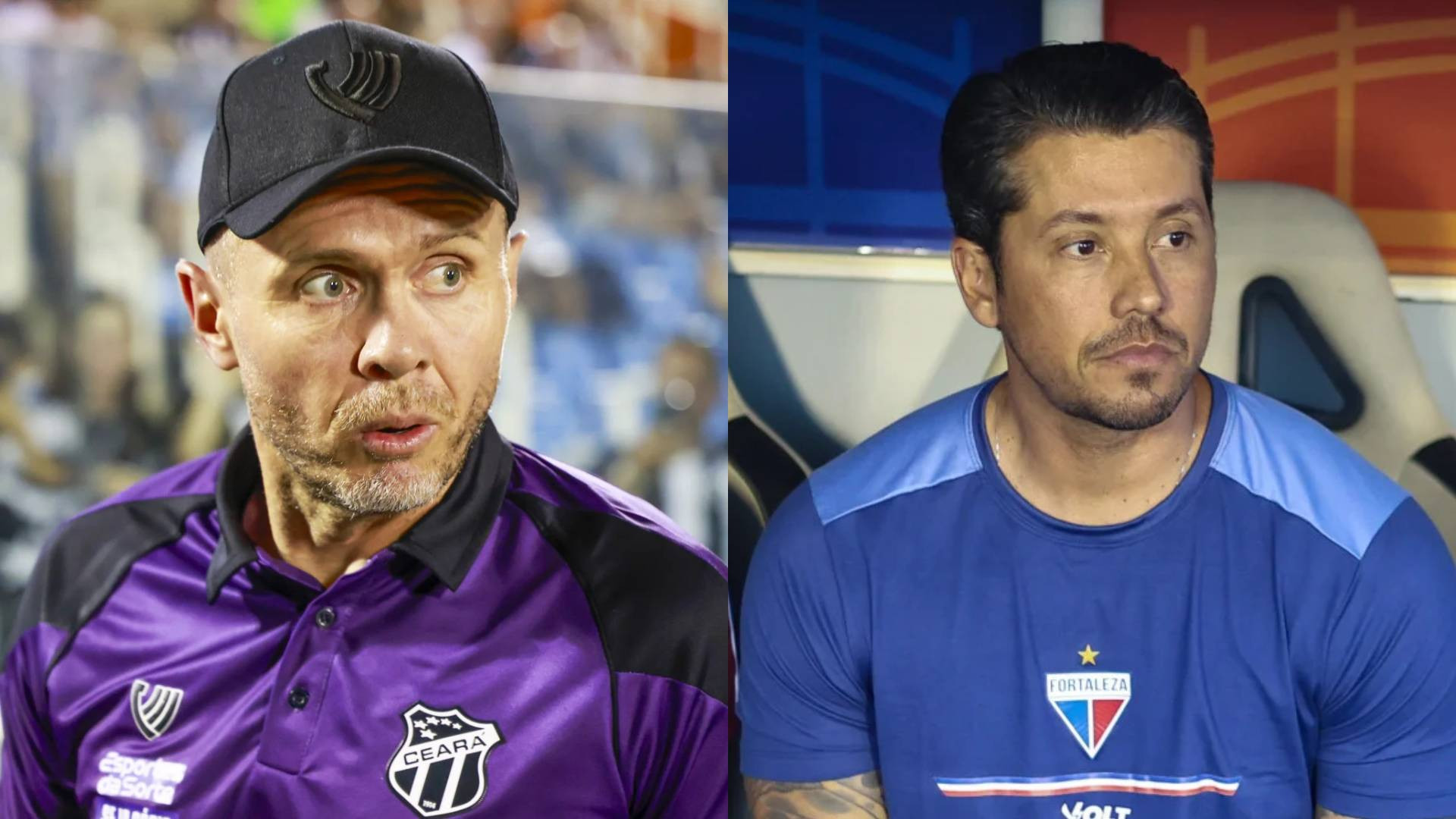 Mozart Santos, treinador do Ceará e Thiago Carpini, técnico do Fortaleza (Foto: FCO FONTENELE/ O Povo e DANIEL GALBER/ESPECIAL PARA O POVO)