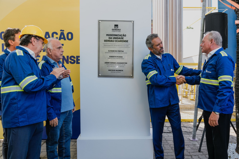 MARACANA&Uacute;, CEAR&Aacute;, BRASIL, 02-02-2026: Reinaugura&ccedil;&atilde;o da f&aacute;brica de a&ccedil;o, Gerdau, em Maracana&uacute;. A ocasi&atilde;o contou com a presen&ccedil;a do Presidente do Conselho do Instituto Gerdau,  Andr&eacute; Gerdau, o Prefeito de Maracana&uacute;, Roberto Pessoa, e o Governador do Estado do Cear&aacute;, Elmano de Freitas. (Foto: Samuel Setubal/ O Povo)