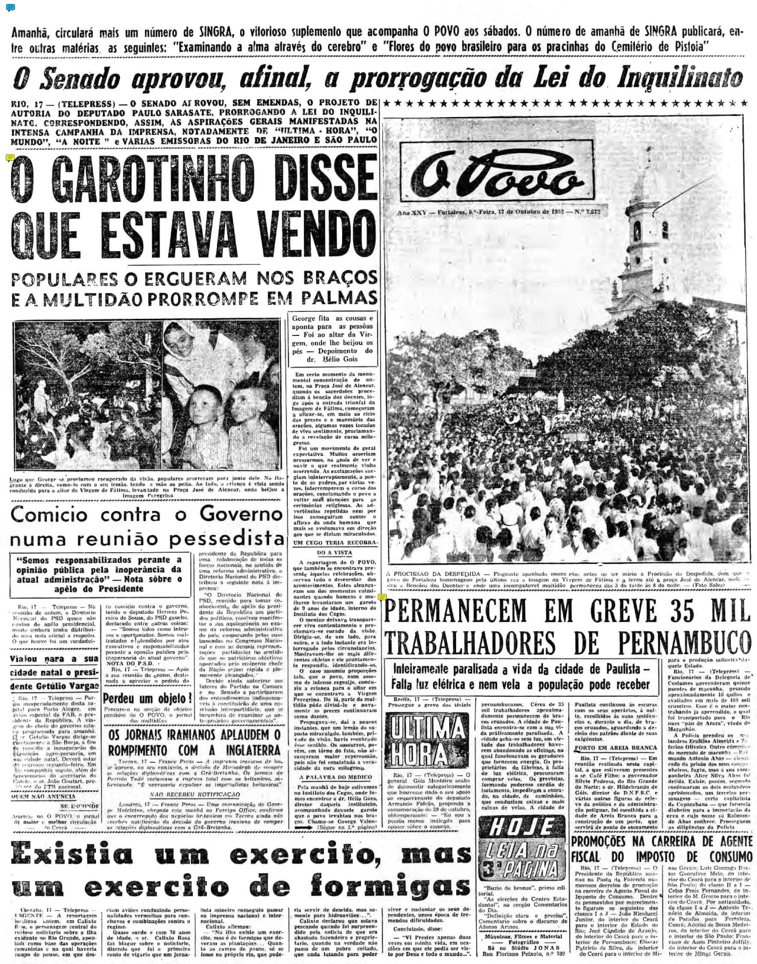 Crian&ccedil;a beija os p&eacute;s da imagem de N. Sra. de F&aacute;tima e recupera vis&atilde;o, conta O POVO; momento aconteceu na Pra&ccedil;a do Ferreira, no Centro de Fortaleza