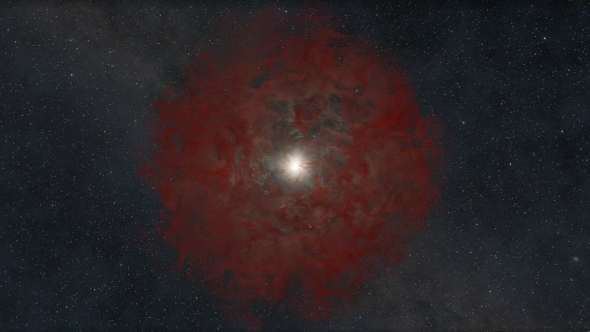 Imagem de uma estrela que colapsou, formando um buraco negro. O buraco negro está no centro, invisível. Ao seu redor, há uma camada de poeira se afastando do buraco negro e gás sendo atraído para ele