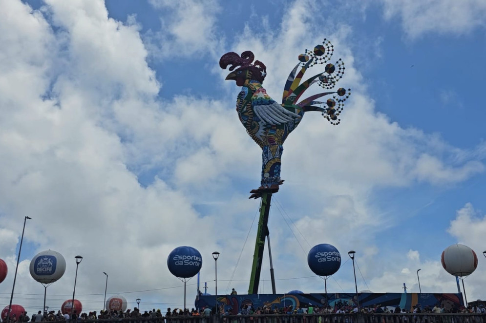 Vista do Galo Gigante no Carnaval do Recife 2026 a partir de catamar&atilde; posicionado no rio Capibaribe;