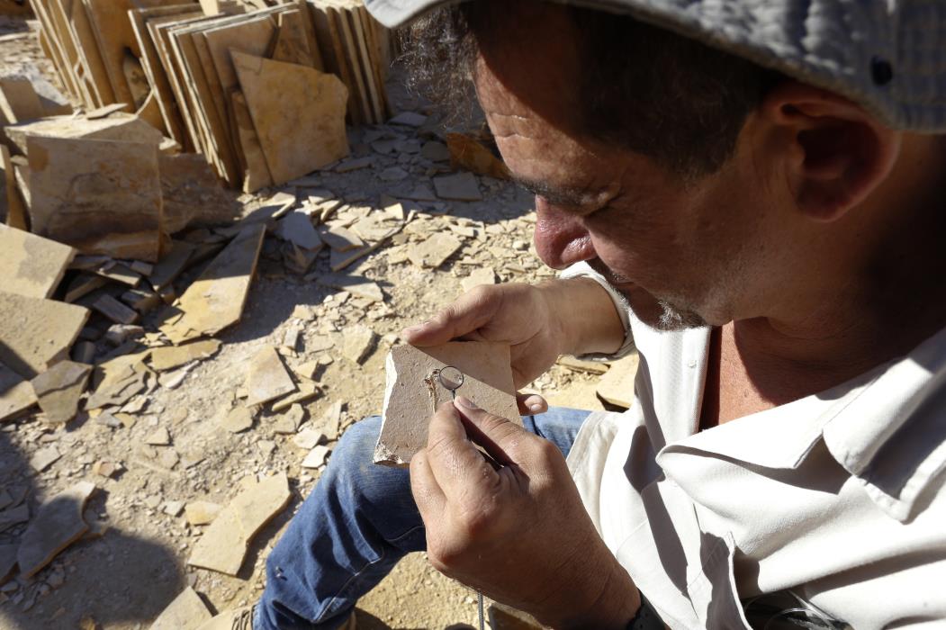 Álamo Feitosa Saraiva, paleontólogo da Urca, oberva fóssil no geossítio Pedra Cariri, em Nova Olinda(Foto: TATIANA FORTES)
