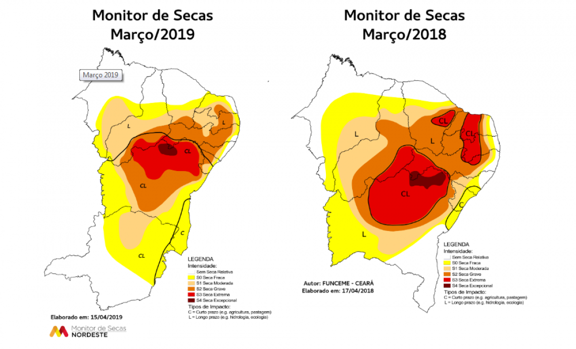 Em comparaÃ§Ã£o com marÃ§o de 2018, o mesmo mÃªs deste ano teve reduÃ§Ã£o maior da gravidade das secas no CearÃ¡