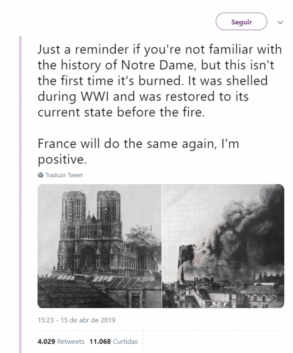 Catedral de Reims ap&oacute;s bombardeio na Primeira Guerra Mundial.