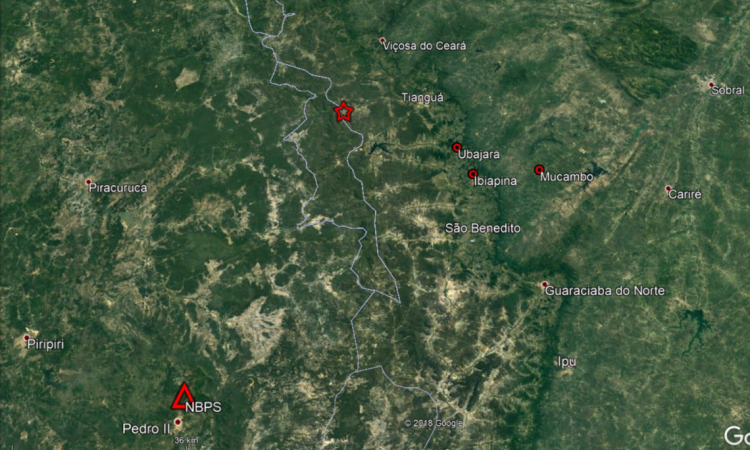 Mapa mostra locais em que o tremor foi sentido no Ceará