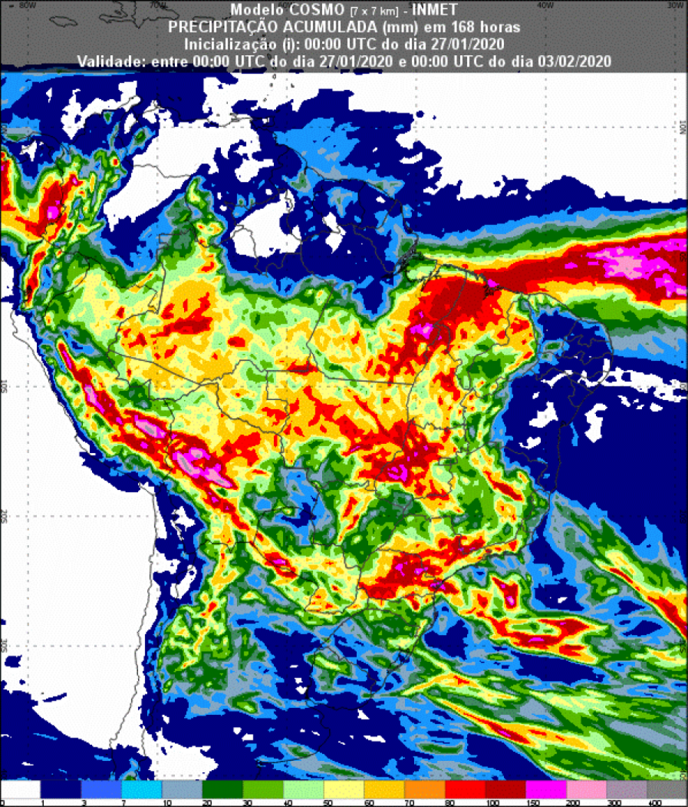 Inmet prevê chuva em todas as regiões do País; a figura apresenta a previsão de chuva acumulada entre os dias 27 de janeiro até o dia 02 de fevereiro de 2020