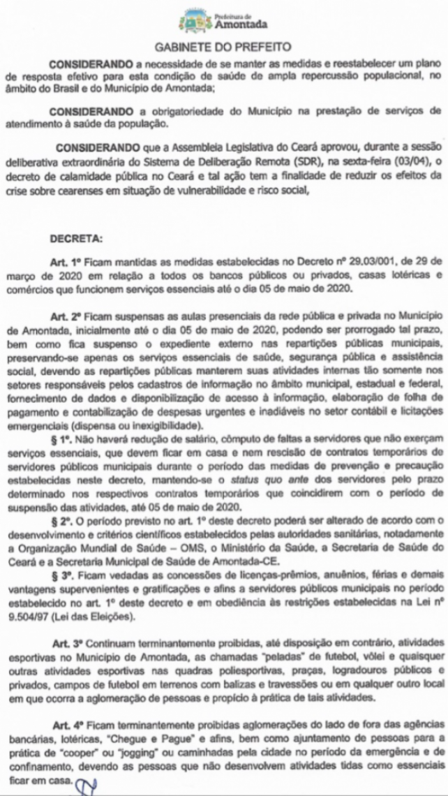 Decreto do prefeito Valdir Herbster Filho (PDT), de Amontada, é mais rigoroso do que o decreto do governador Camilo Santana (PT)
