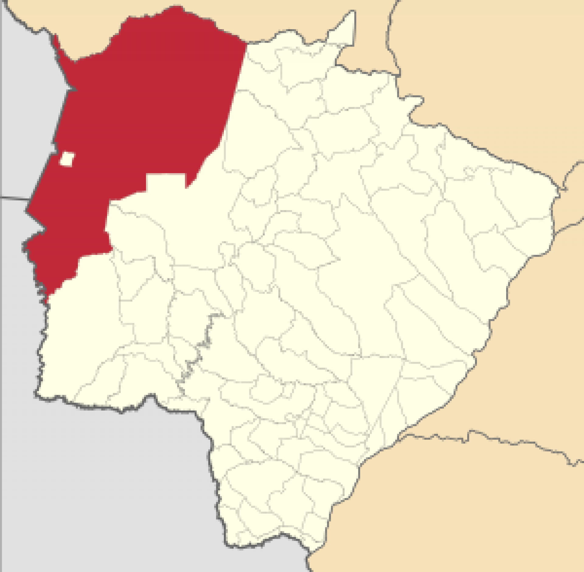 O município de Ladário (ponto claro no desenho vermelho) é um exemplo de enclave no Brasil: todo o seu território está dentro de Corumbá (em vermelho)