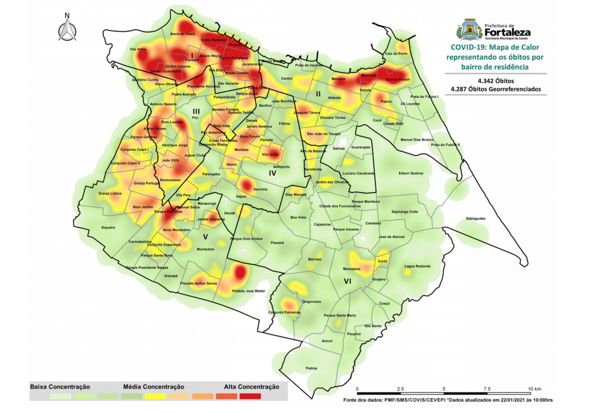 Mapa mostra bairros de Fortaleza com maior concentração de óbitos em decorrência da pandemia.
