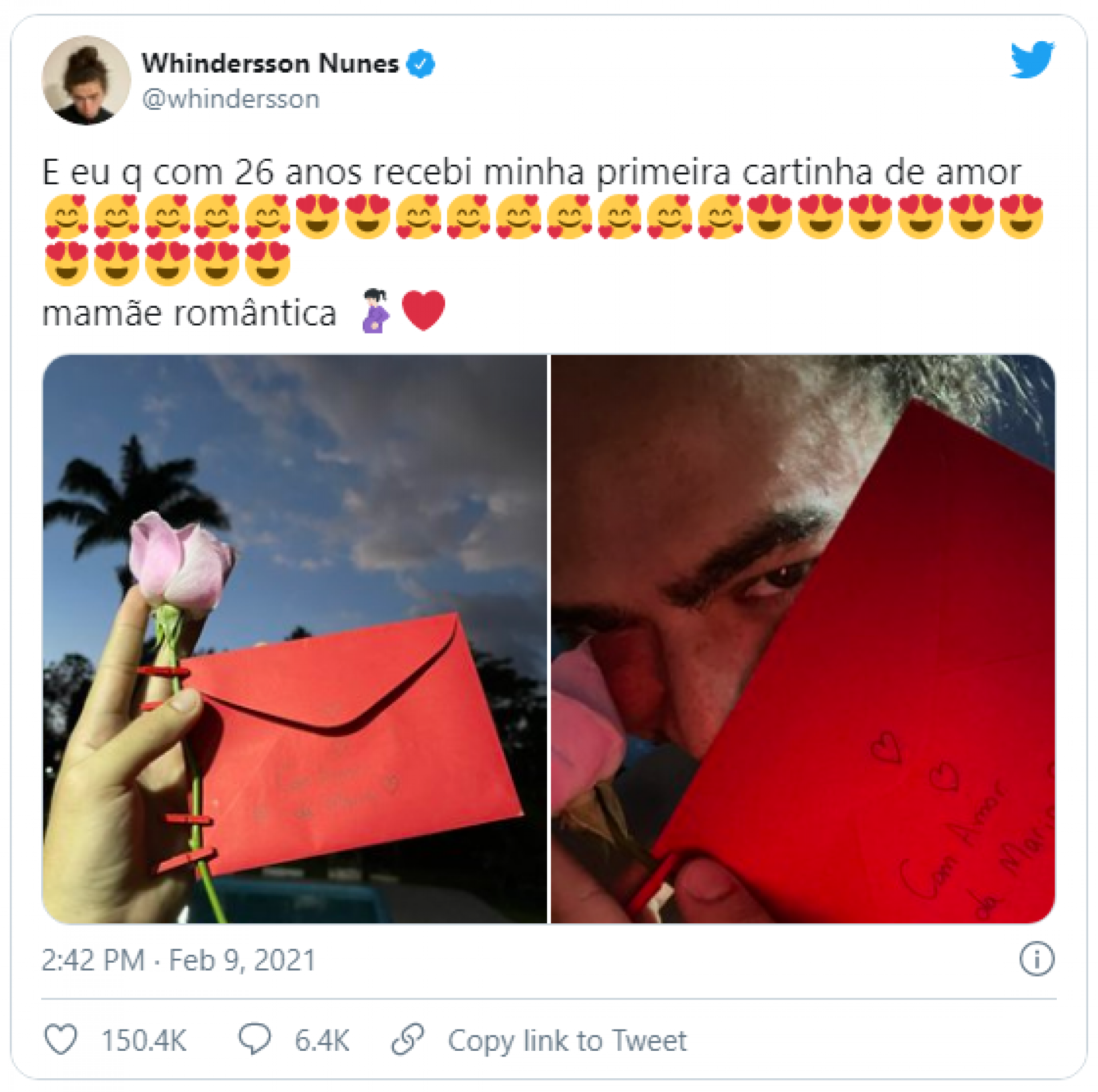 Tweet de Whindersson Nunes sobre carta rom&acirc;ntica da namorada