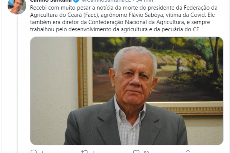 Governador Camilo Santana lamenta a morte de Flávio Saboya, presidente da Faec (Foto: Foto: Reprodução/ Twitter)