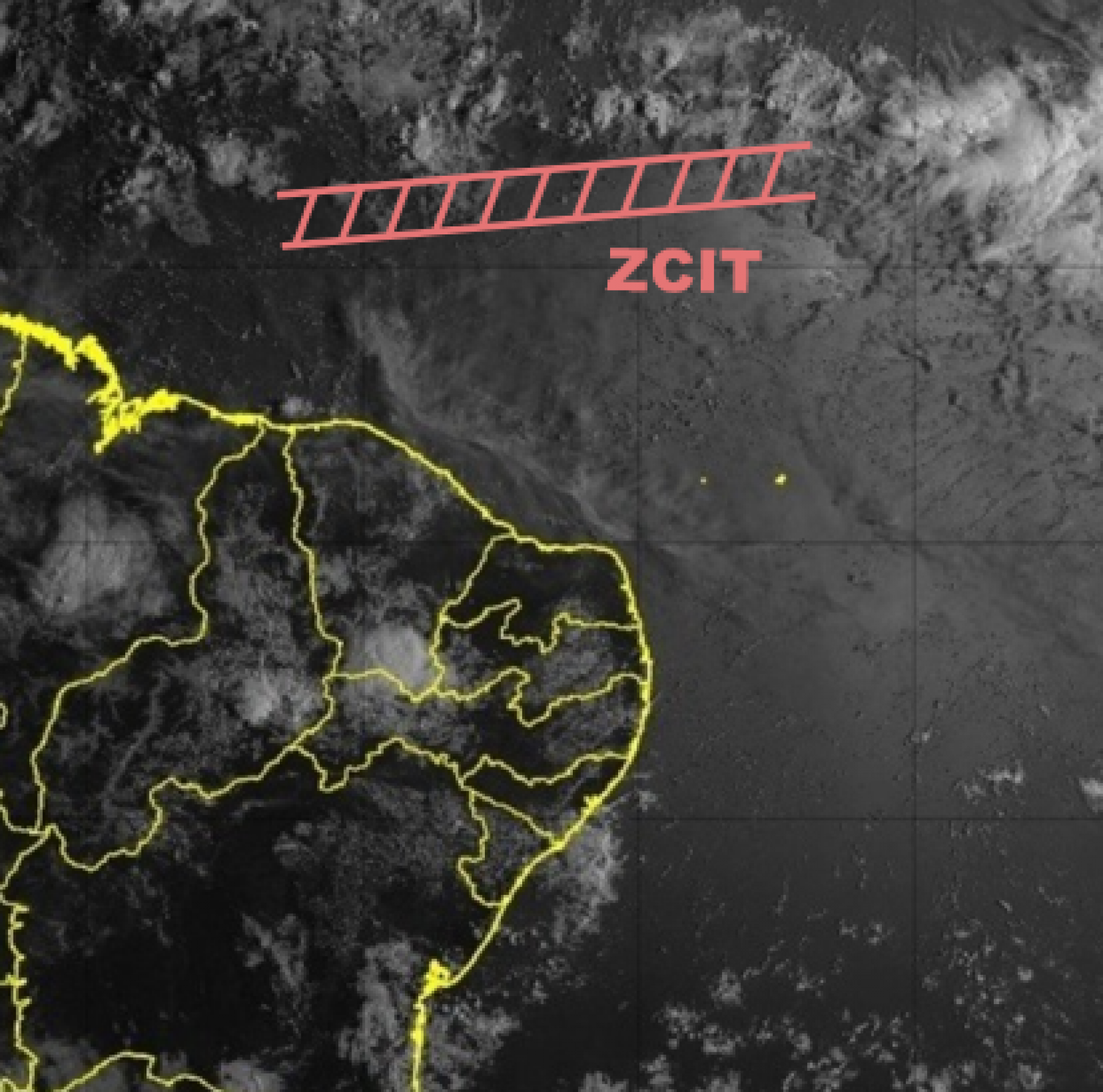 Imagem de satélite (GOES-16) da Fundação Cearense de Meteorologia e Recursos Hídricos (Funceme) deste sábado, 13, às 7h30min