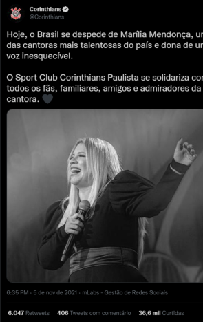 Corinthians lamenta morte de Marília Mendonça