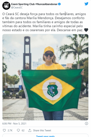 Ceará lamenta morte de Marília Mendonça por meio do perfil oficial do clube no Twitter